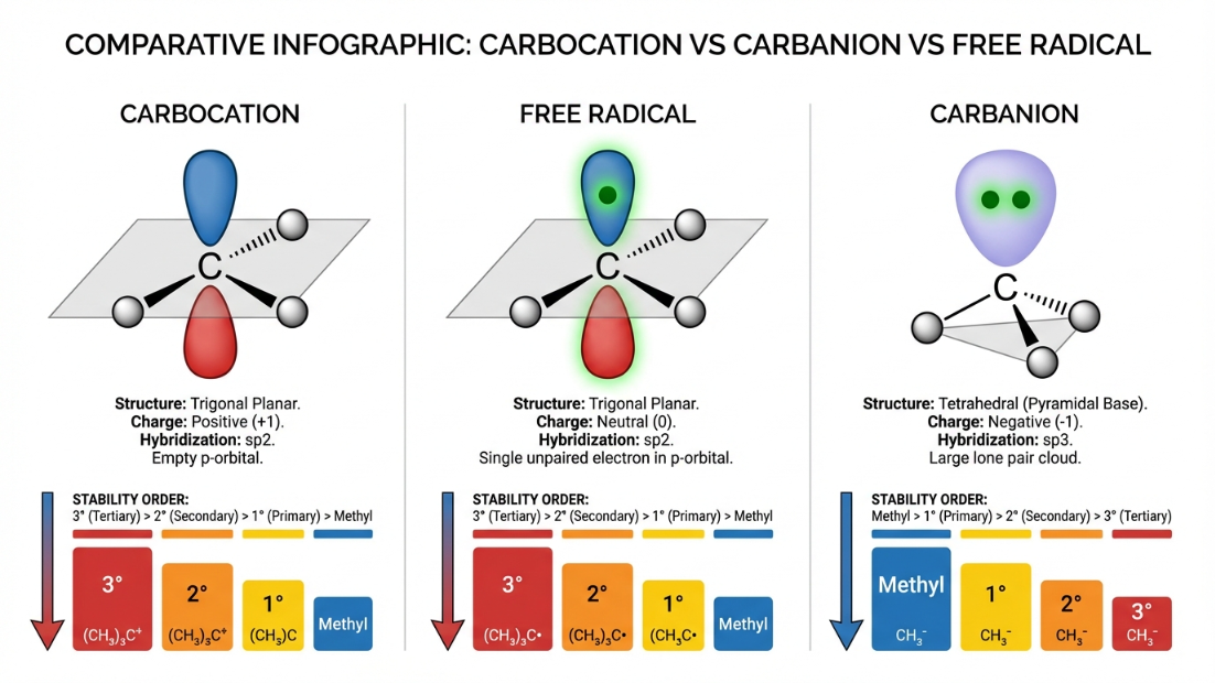 Carbocation vs Carbanion vs Radical